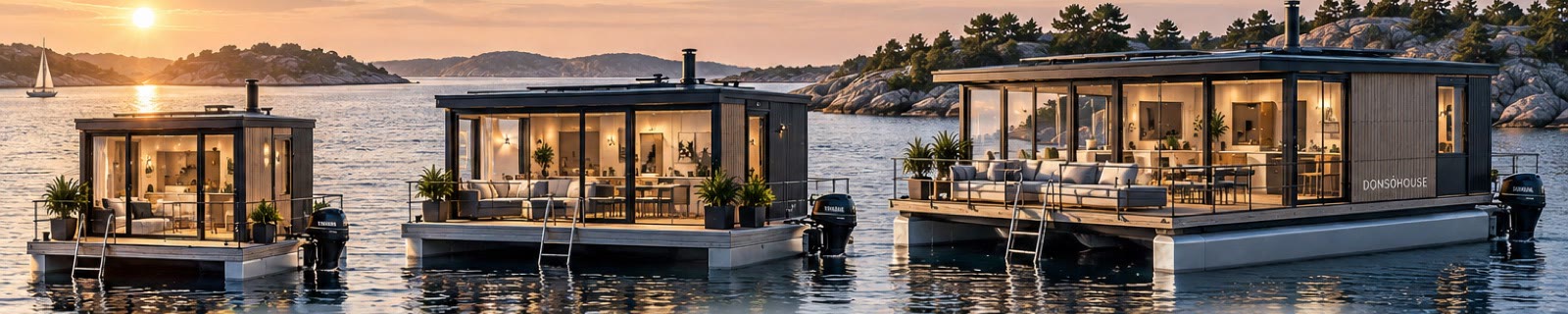Donsöhouse 20, 30 och 50 — tre flytande hem i den svenska skärgården i solnedgång