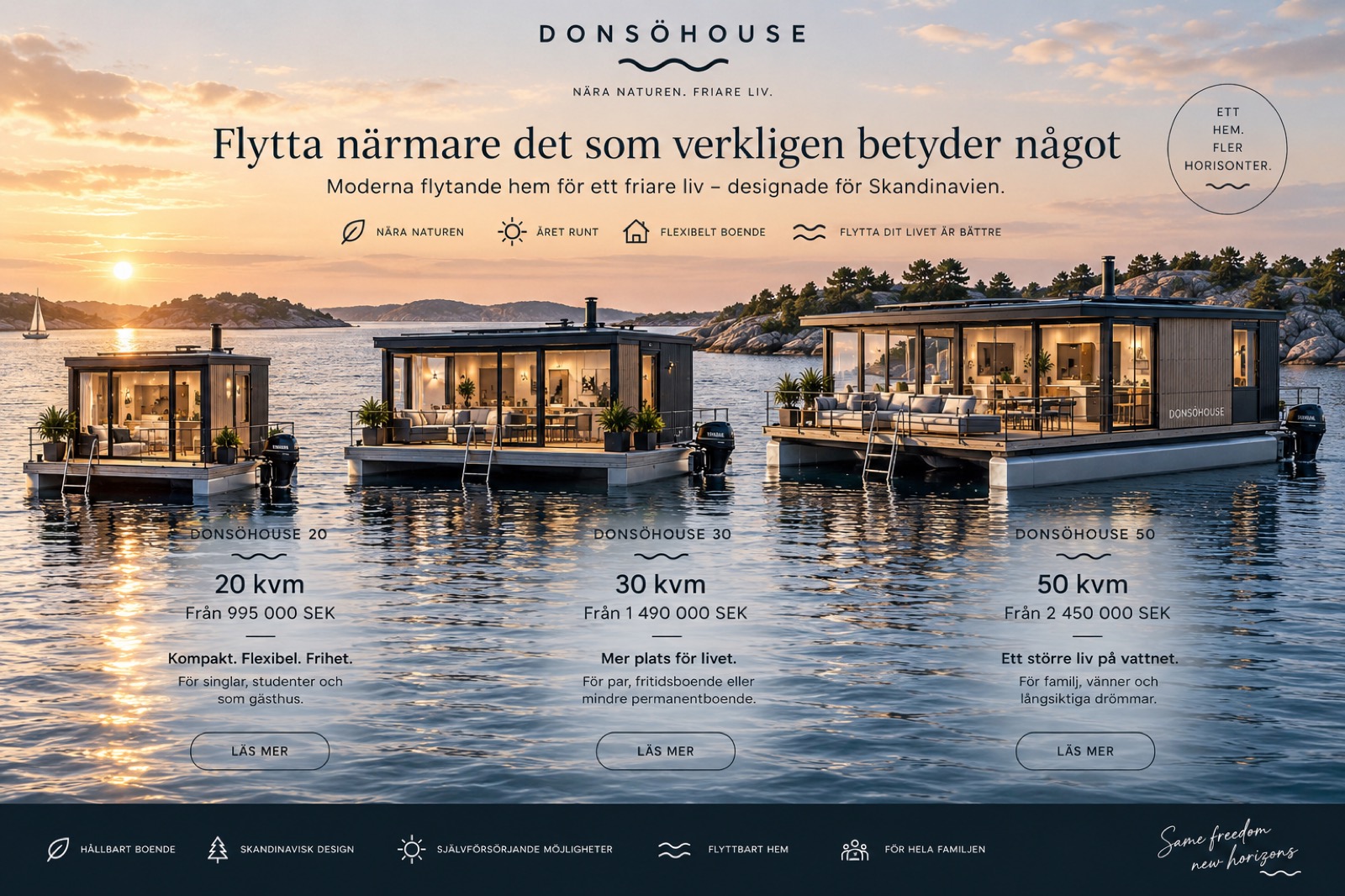 Donsöhouse flytande hem förtöjt i den svenska skärgården med havet runt om