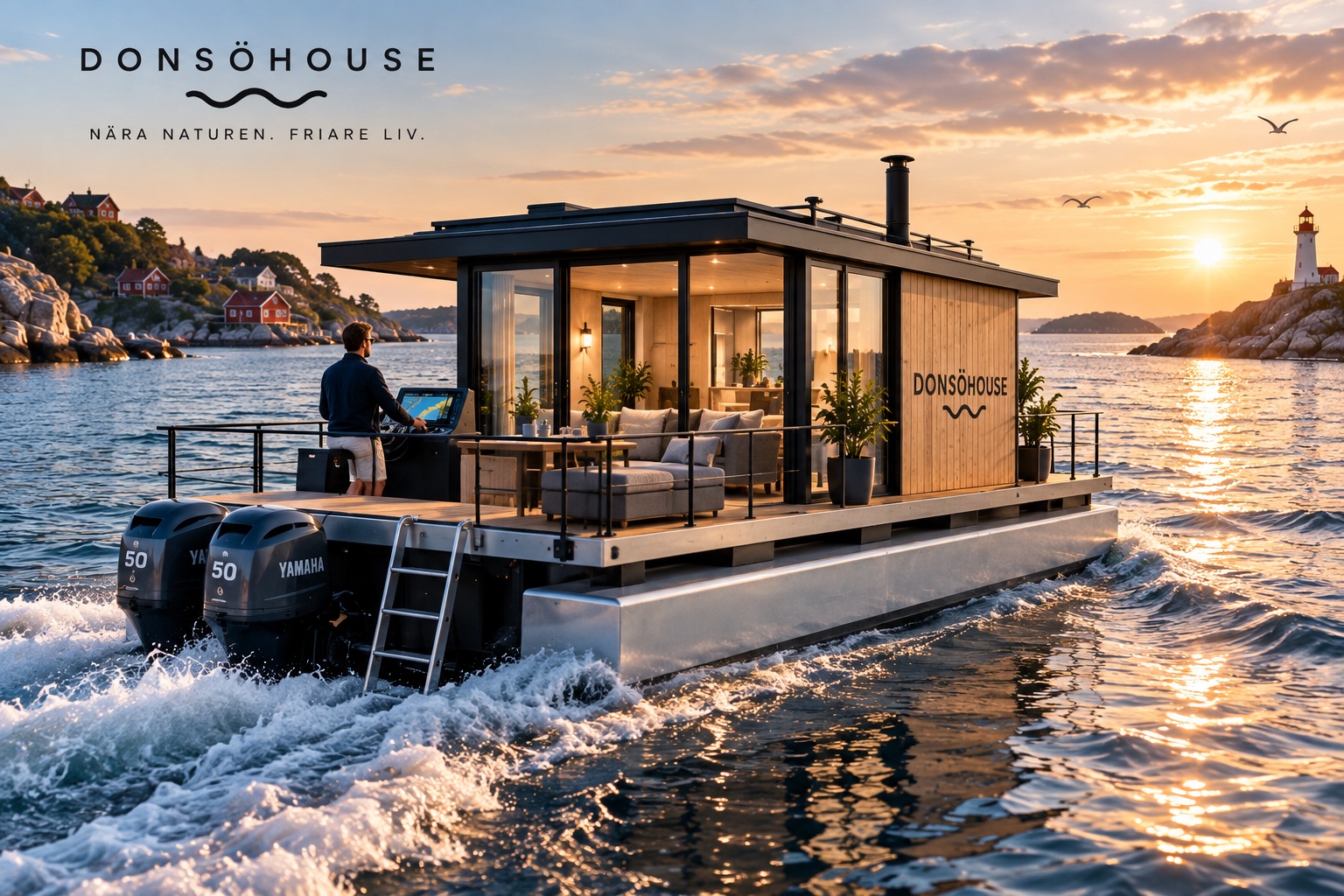 Donsöhouse floating home on the move at sunset