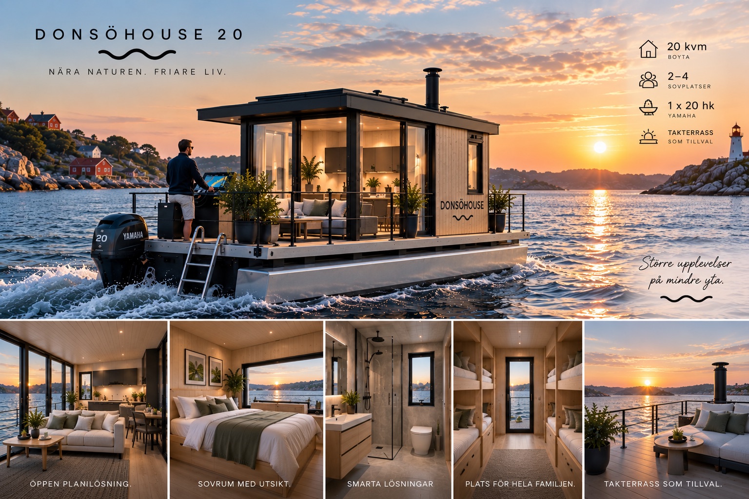 Donsöhouse 20 — kompakt flytande hem med spec, planlösning och interiörer