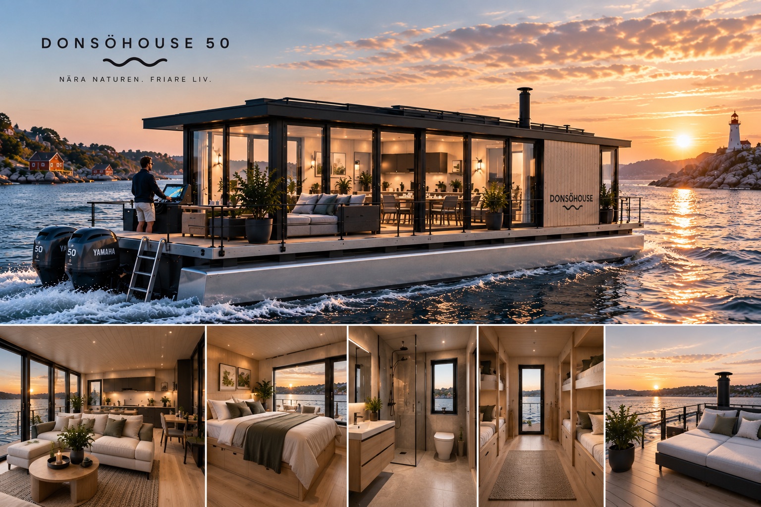 Donsöhouse 50 — familjens flytande hem med spec, planlösning och interiörer