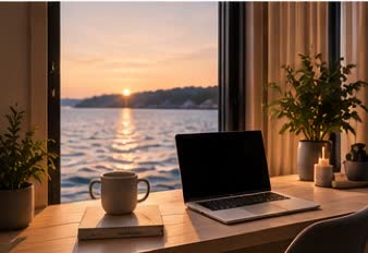 Hemarbetsplats i Donsöhouse med skrivbord och utsikt
